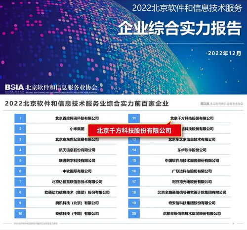 千方科技荣登北京软件和信息技术服务业综合实力百强企业榜单